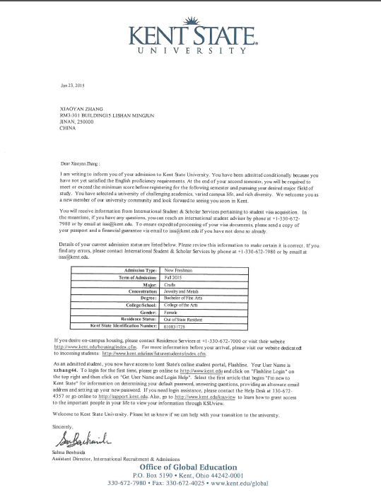 2015年美国肯特州立大学珠宝和金属设计专业录取通知书